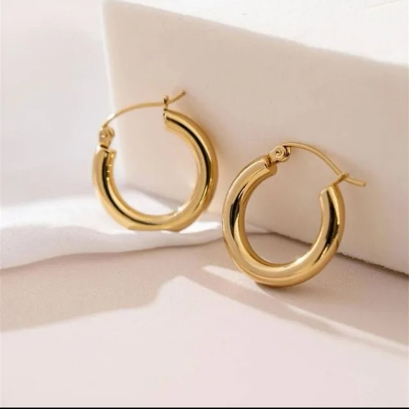 18k Gold plated Circle Earrings, Tube Hoop Earrings, Thick Hoops - Picture 3 of 5